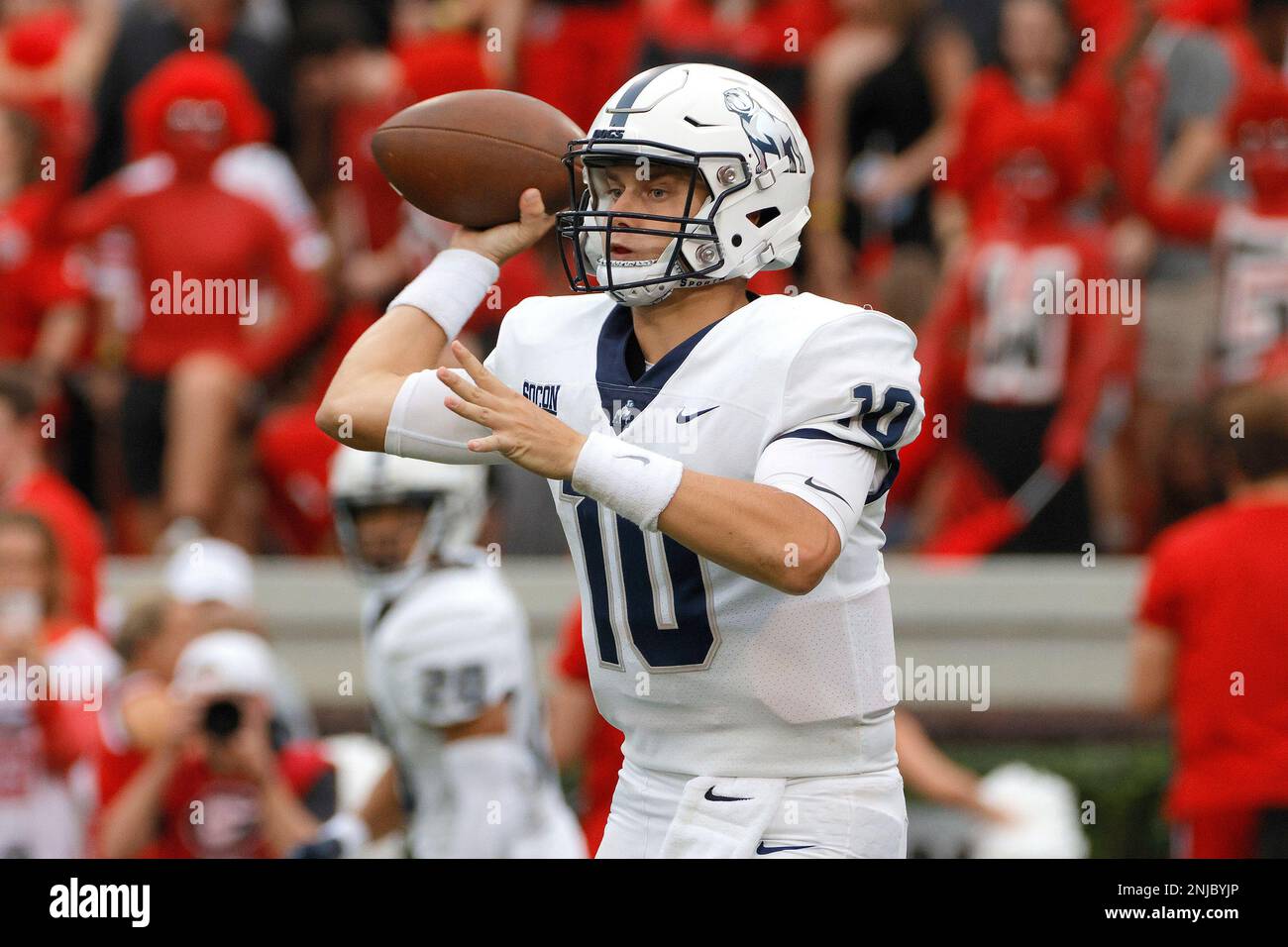 ATHENS, GA - SEPTEMBER 10: Samford Bulldogs quarterback Michael Hiers (10)  passes during the Saturday afternoon college football game between the  defending National Champion Georgia Bulldogs and the Samford Bulldogs on  September