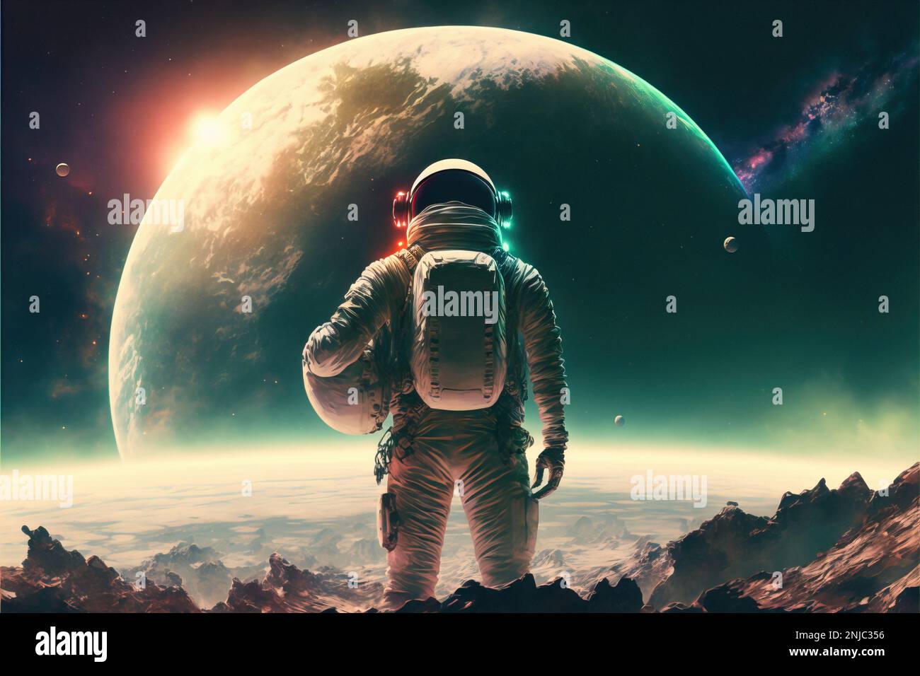 Illustration of Astronaut on Planet Watching on moon with sunrise. Future First Manned Mission To planet, Technological Advance Brings Space Stock Photo