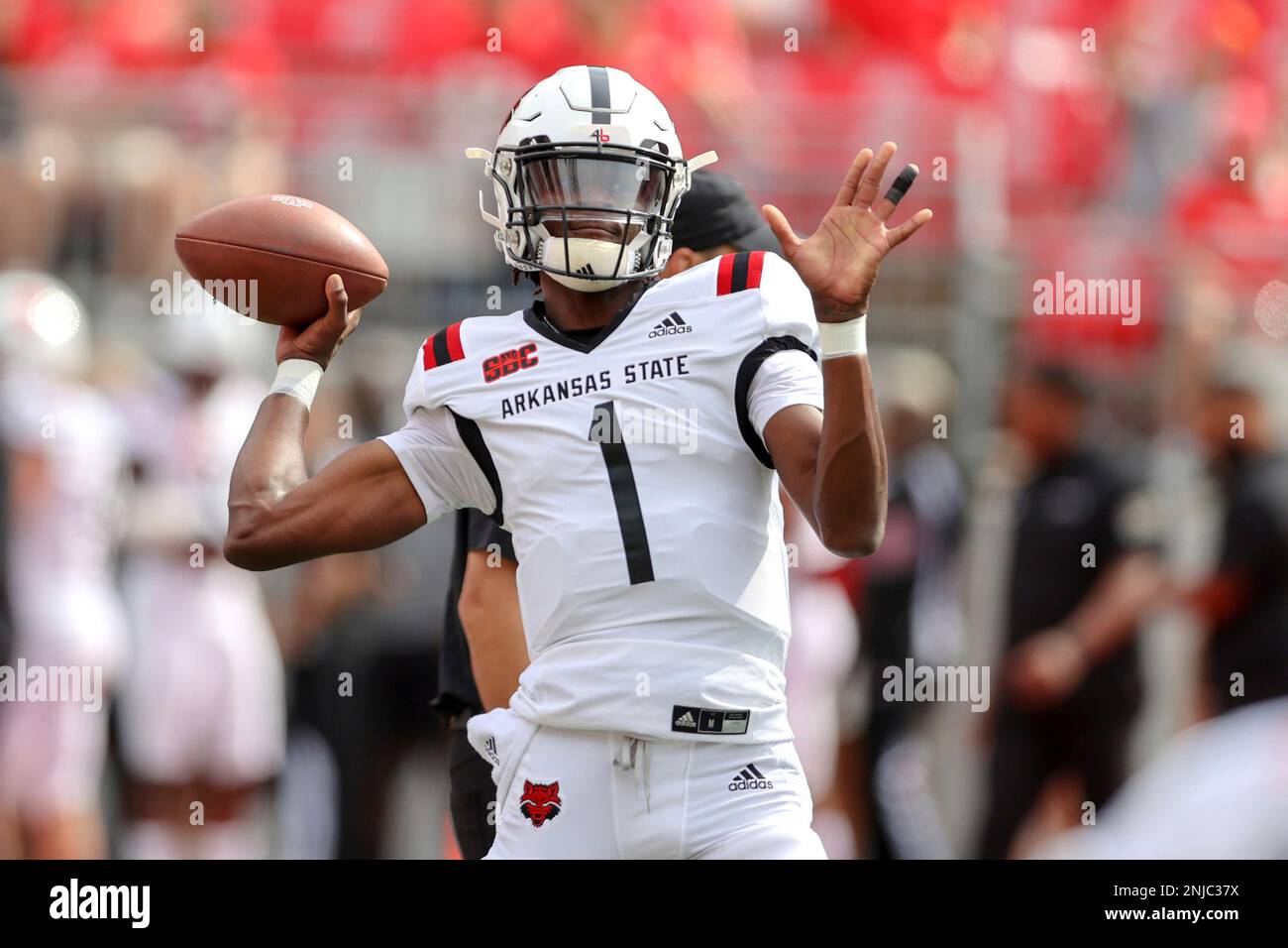 COLUMBUS, OH - SEPTEMBER 10: Arkansas State Red Wolves quarterback James Blackman (1) warms up prior to the college football game between the Arkansas State Red Wolves and Ohio State Buckeyes on September 10, 2022, at Ohio Stadium in Columbus, OH. (Photo by Frank Jansky/Icon Sportswire) (Icon Sportswire via AP Images) Stock Photo