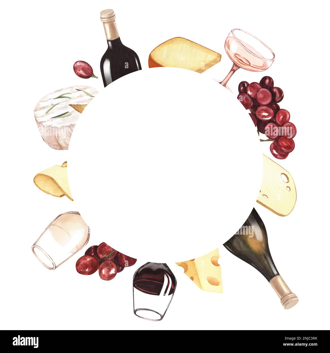 Watercolor wine and cheese round frame template. Hand draw circle card