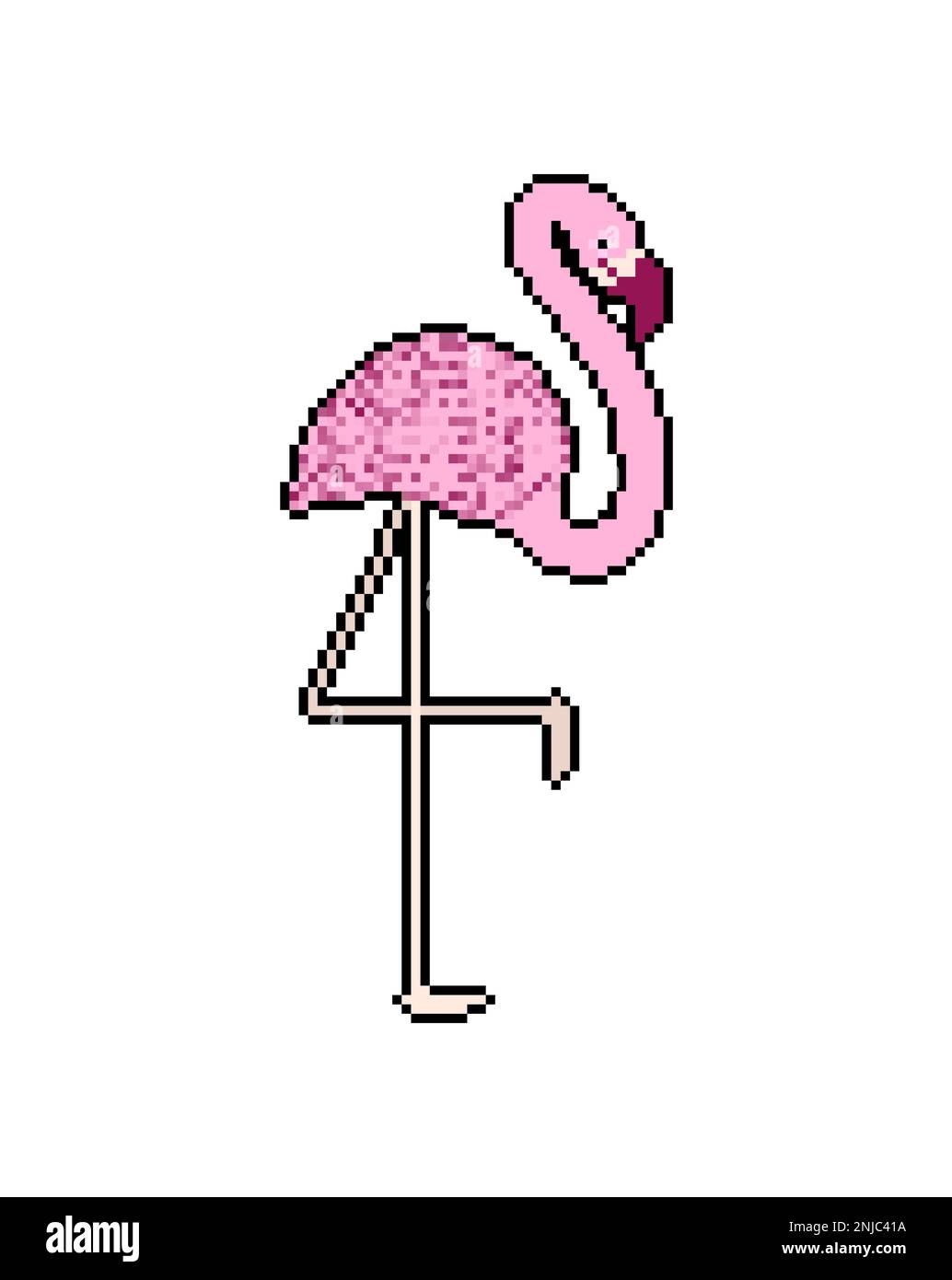 Pink flamingo pixel art isolated. 8 bit water bird with pale pink ...
