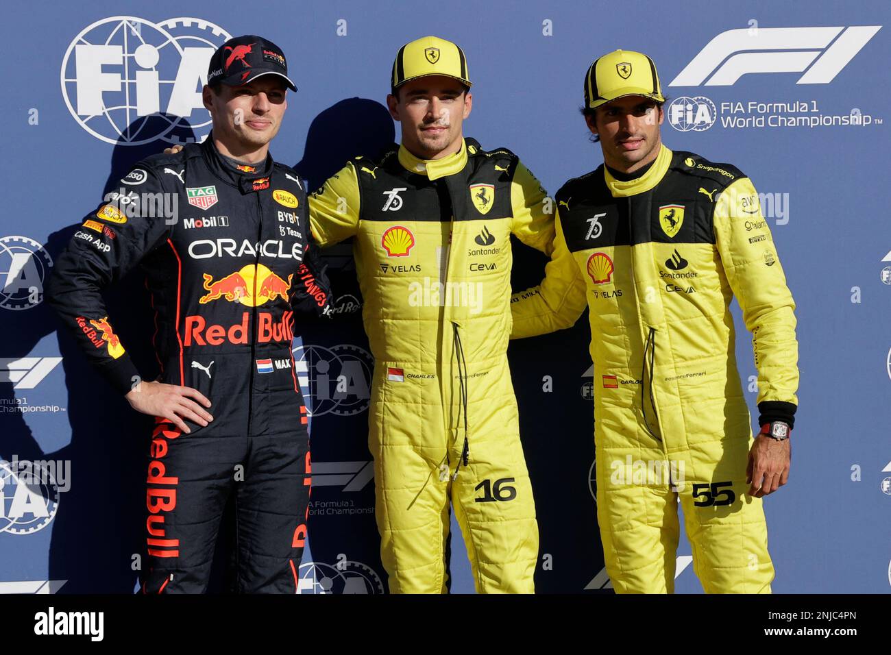 Pole position Ferrari driver Charles Leclerc of Monaco center is