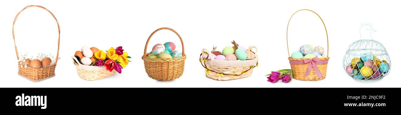 Set of baskets with painted Easter eggs on white background Stock Photo ...