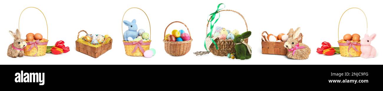 Set of baskets with painted Easter eggs on white background Stock Photo ...