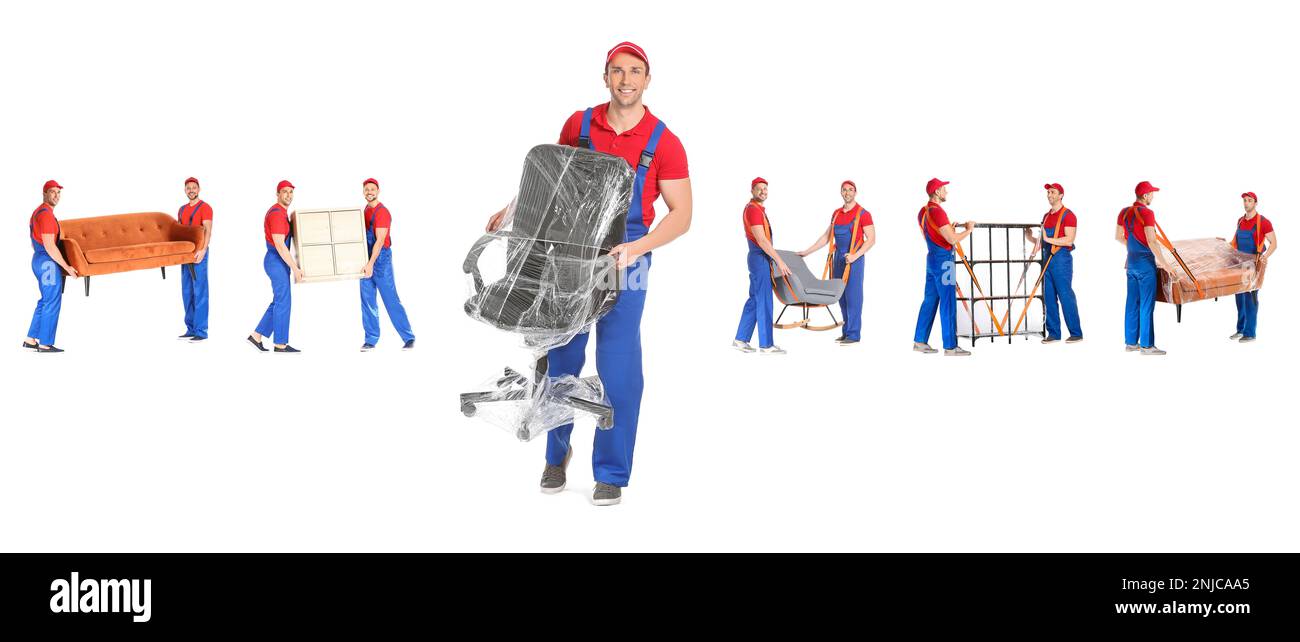 Set of loaders carrying different furniture against white background