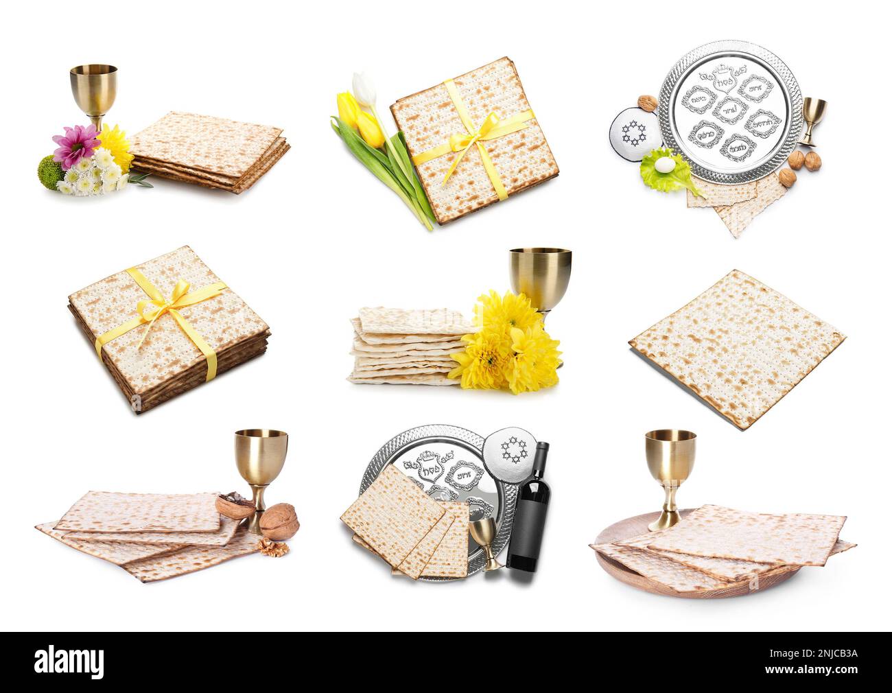 Collage with Jewish flatbread matza, Passover Seder plates, wine and