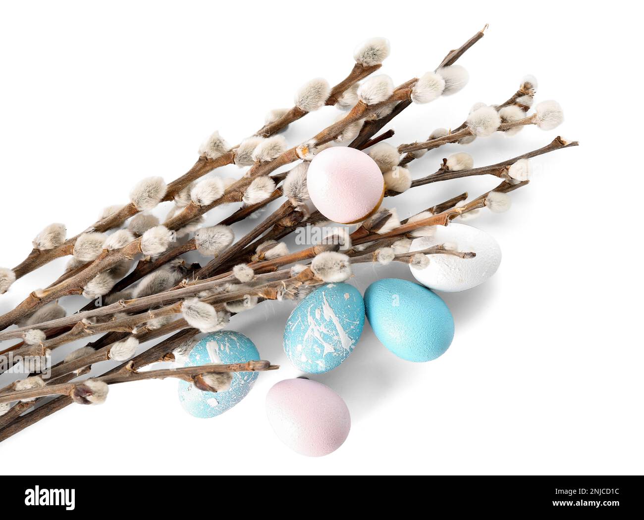 Beautiful Easter eggs and willow branches on white background Stock ...