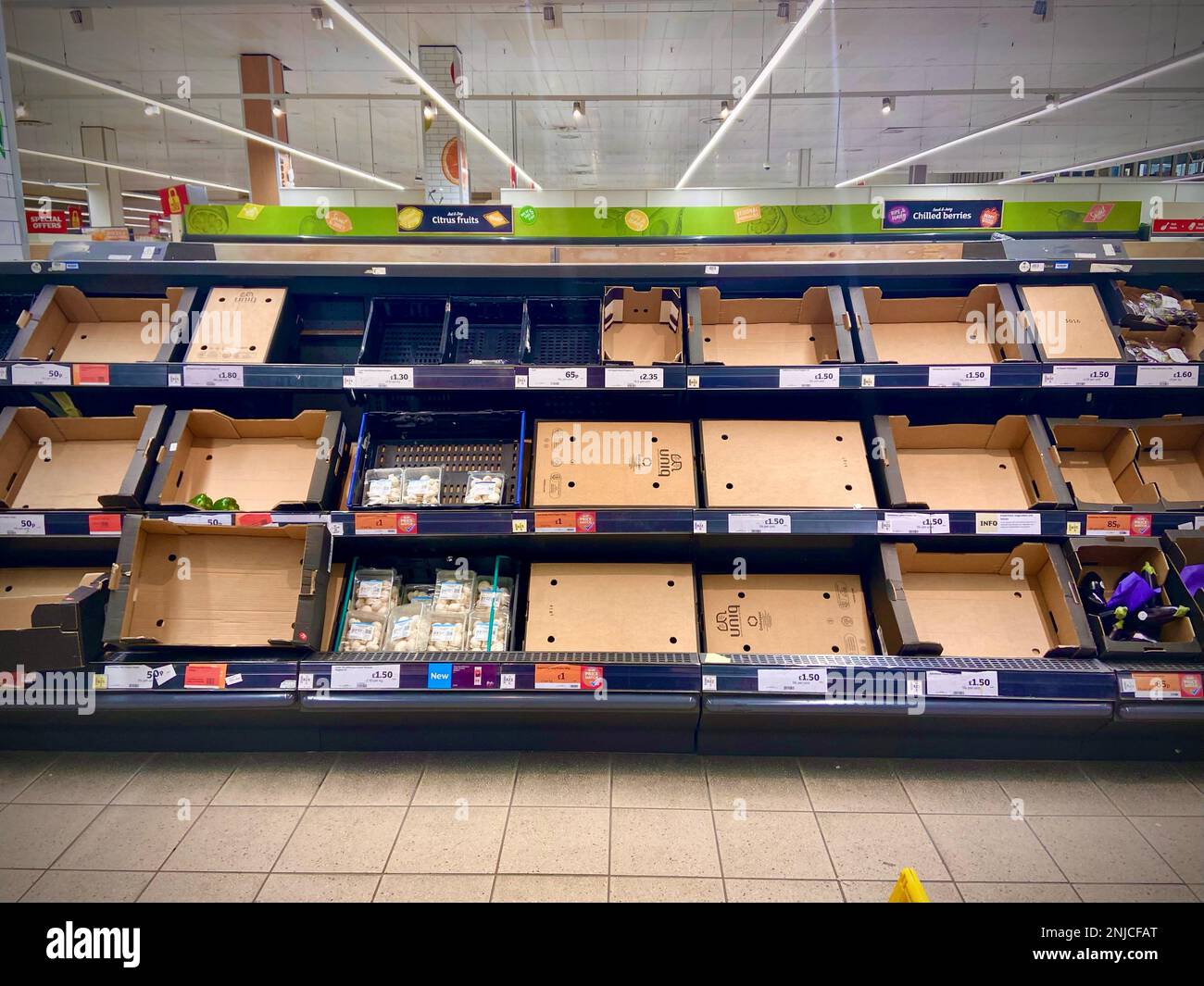 Non Exclusive Empty vegetable aisle shelves in Sainsbury's Reading as