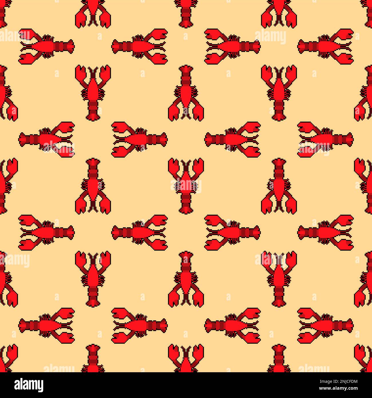 Crayfish pixel art pattern seamless. 8 bit Sea animal with claws background Stock Vector