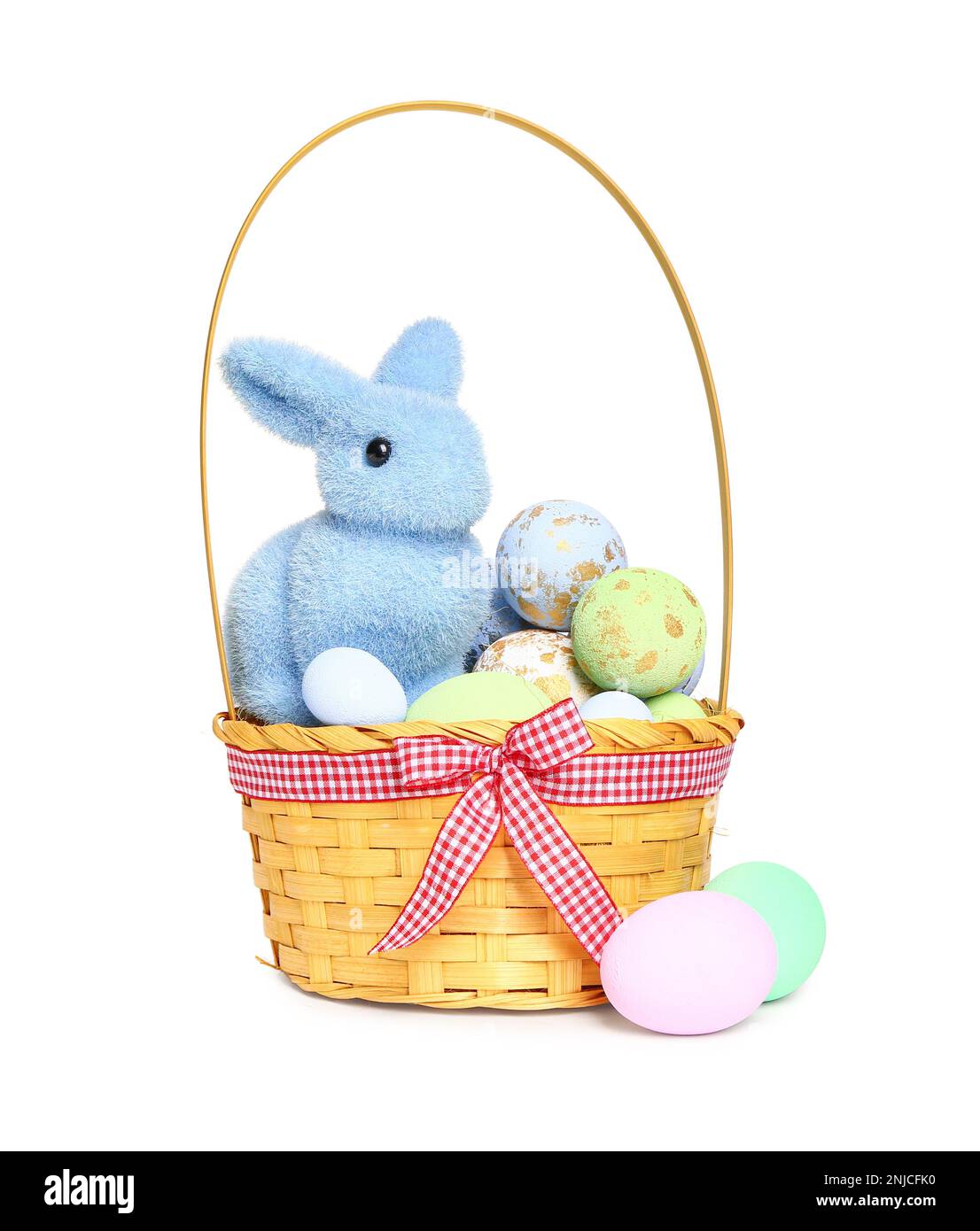 Wicker basket with painted Easter eggs and bunny isolated on white ...