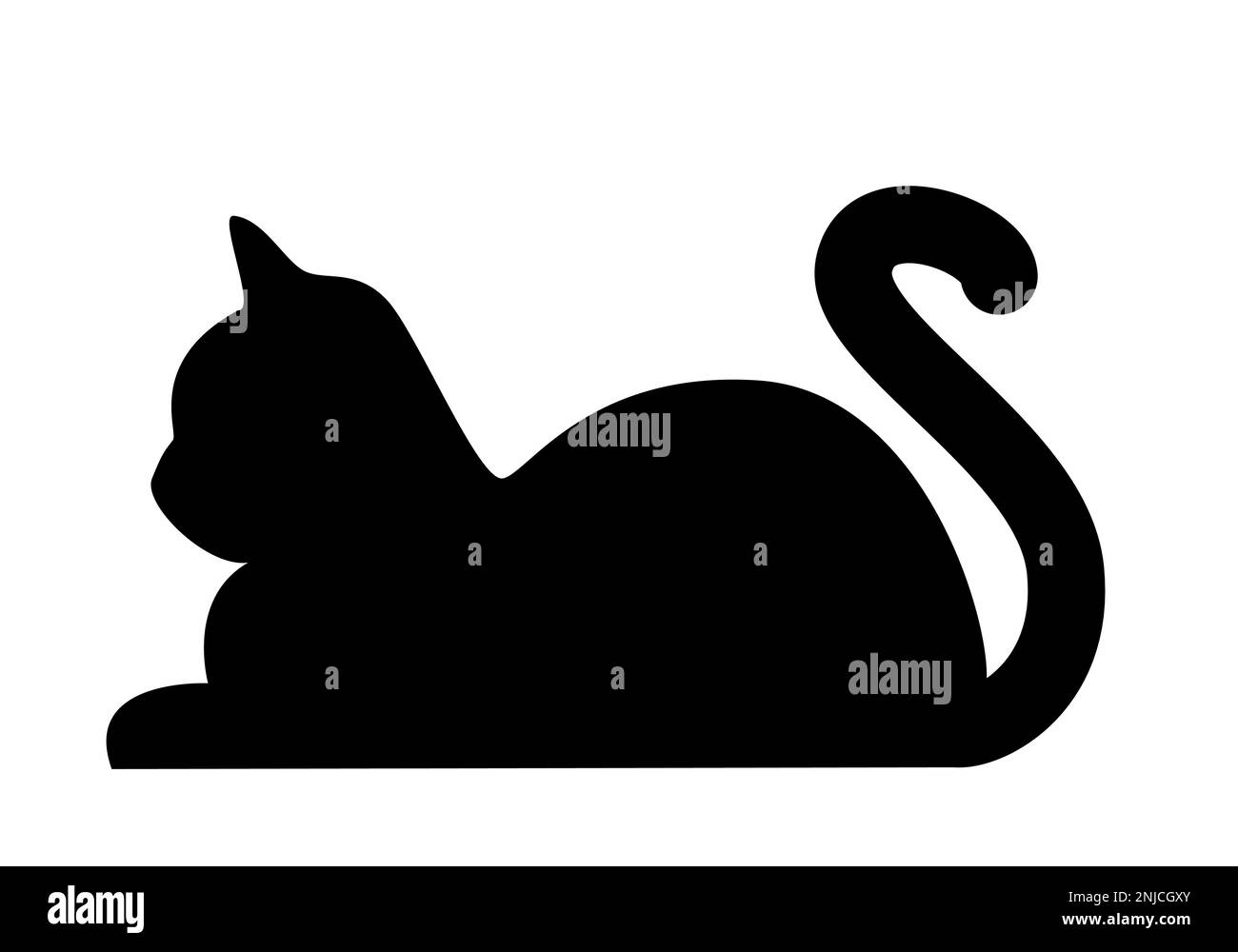 cat - cartoon silhouette of lying cat, black and white vector illustration on white Stock Vector