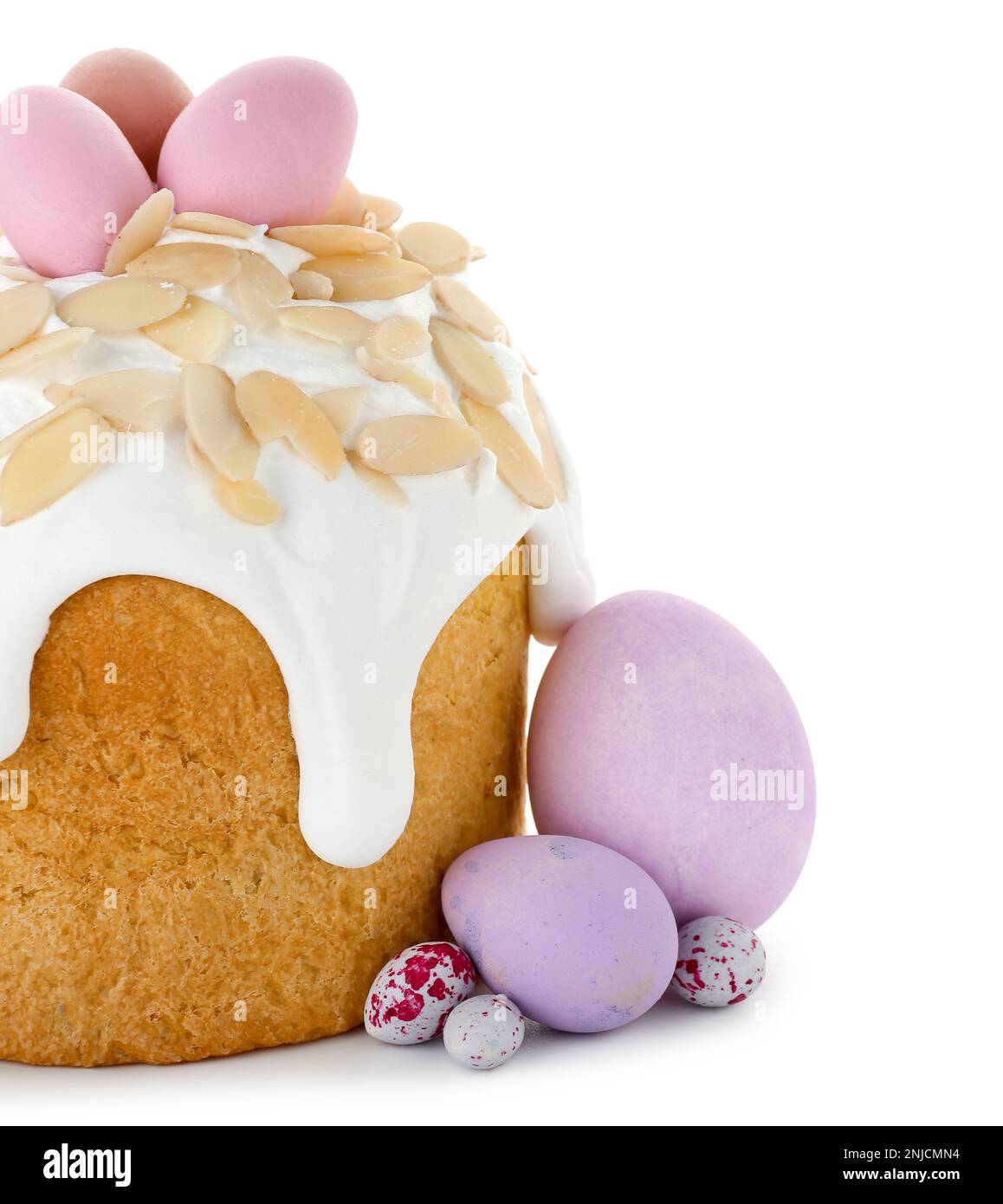 Easter cake and painted eggs isolated on white background Stock Photo