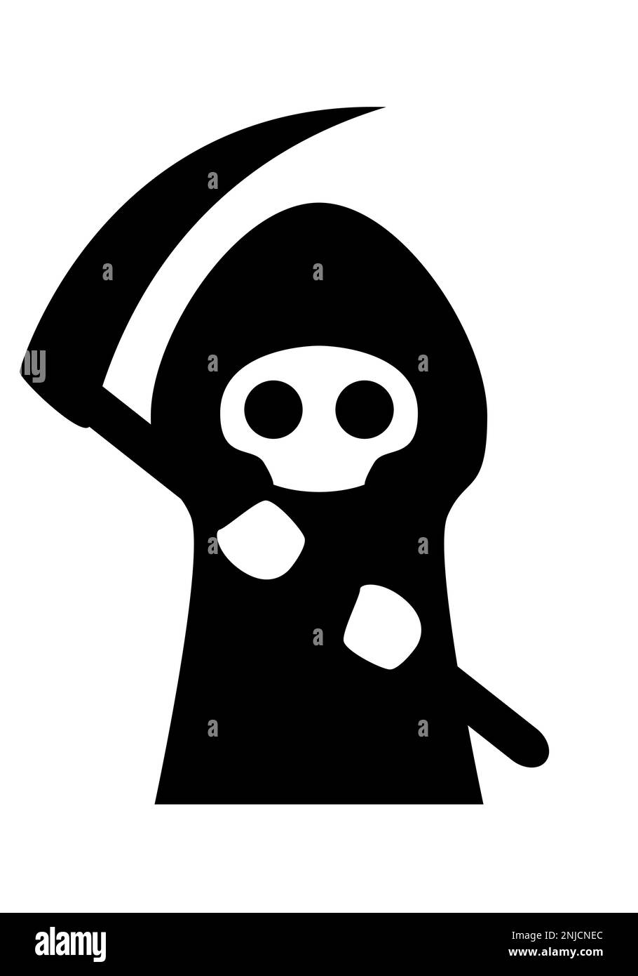 Cute Grim reaper - cartoon death in a black cloak with a hood and a scythe, black and white vector illustration on white Stock Vector