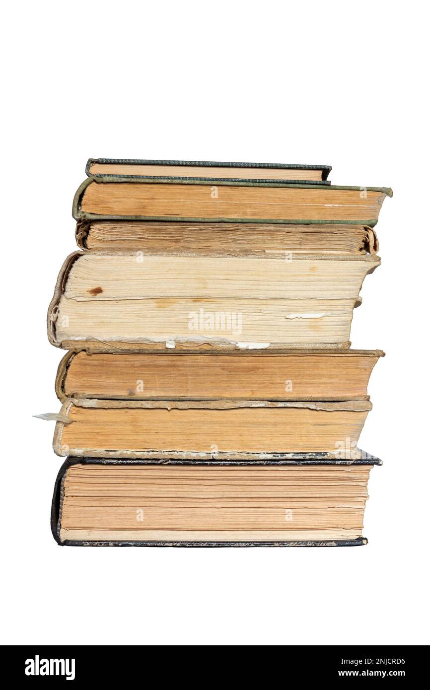 bottom view of a book stack page edges of an old closed hardcover