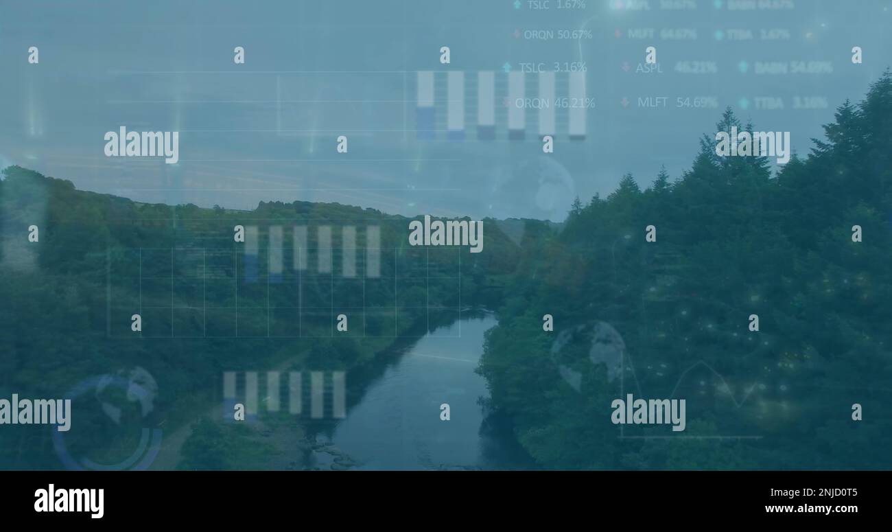 Composition of financial data processing over landscape Stock Photo