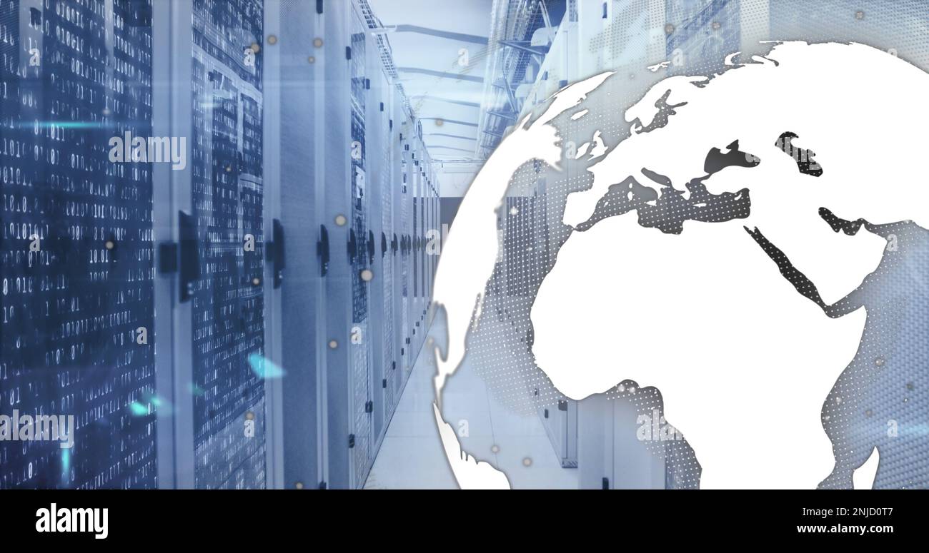 Composition of globe and light trails over server room Stock Photo - Alamy