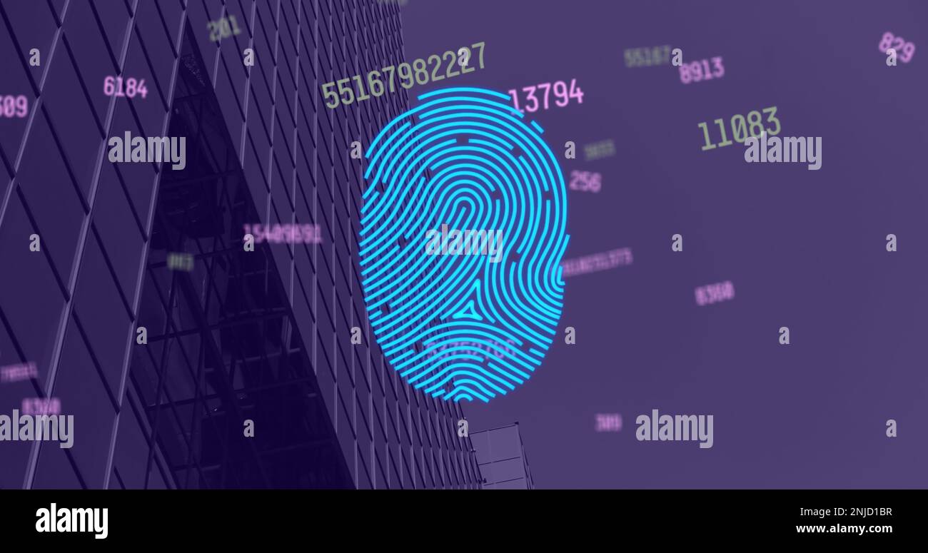 Image of fingerprint and data processing over cityscape Stock Photo