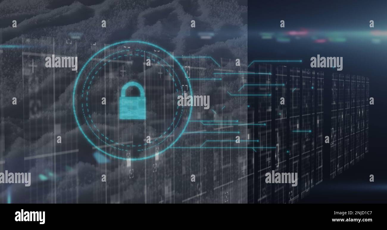 Image of padlock icon over shapes and light spots Stock Photo - Alamy