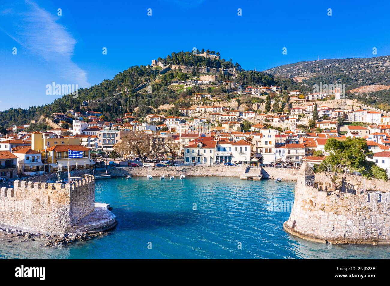 View of of Nafpaktos, Lepanto with the fortress, Greece. Stock Photo