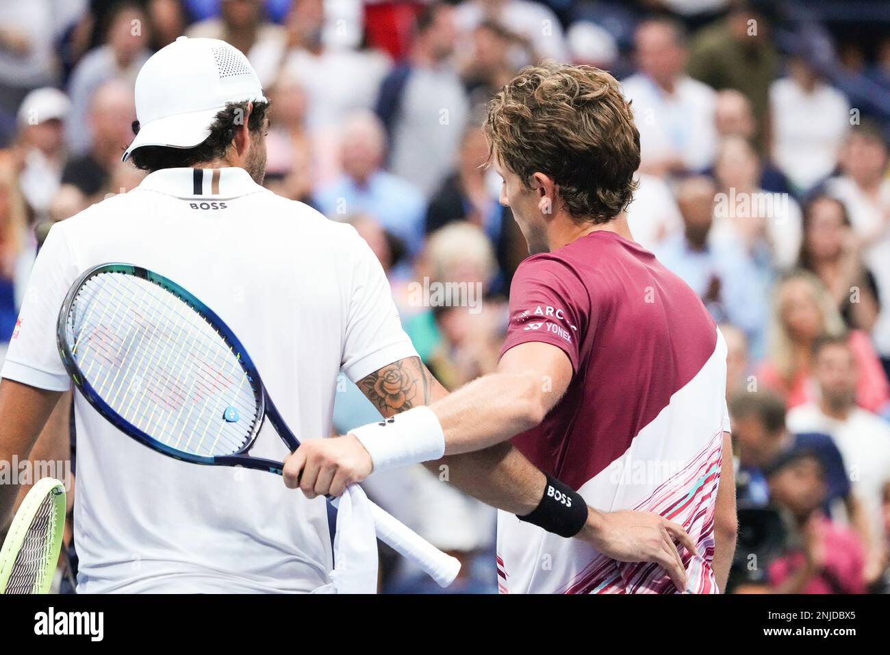 Casper Ruud and Matteo Berrettini after a mens singles quarterfinal match at the 2022 US Open, Tuesday, Sep