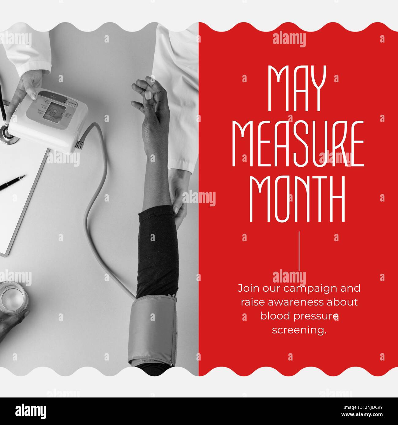 Composition of may measurement month text over woman measuring blood pressure Stock Photo