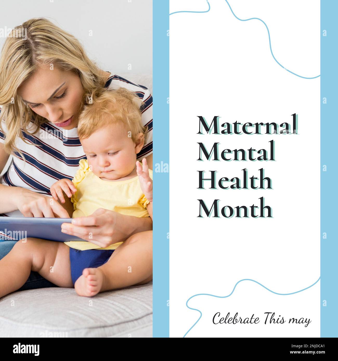 Composition of maternal mental health month text over caucasian mother using tablet with baby Stock Photo