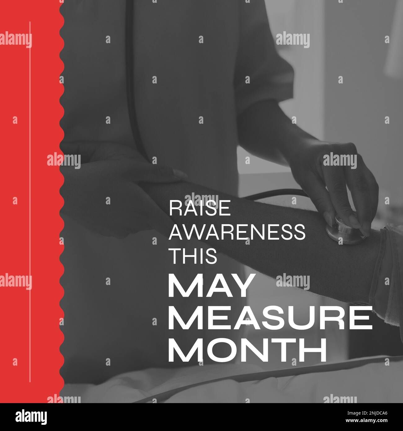Composition of may measurement month text over female doctor and patient measuring blood pressure Stock Photo