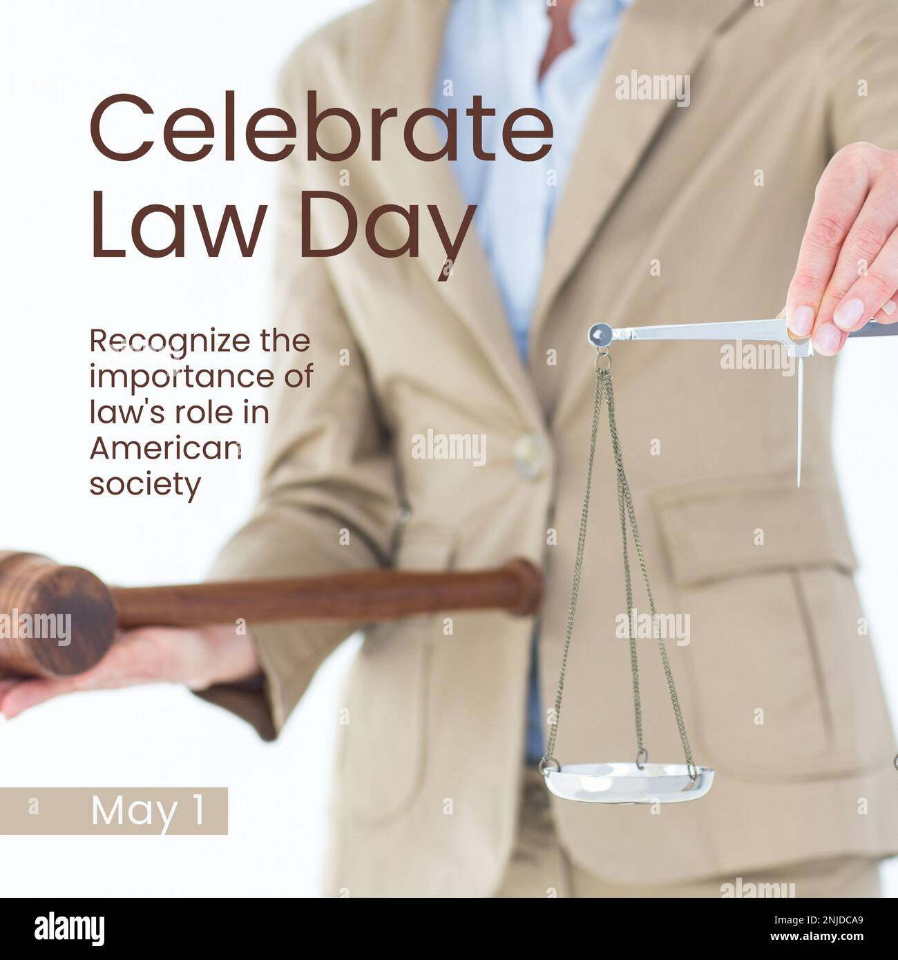 Composition of law day text over caucasian female lawyer with gavel and scale Stock Photo