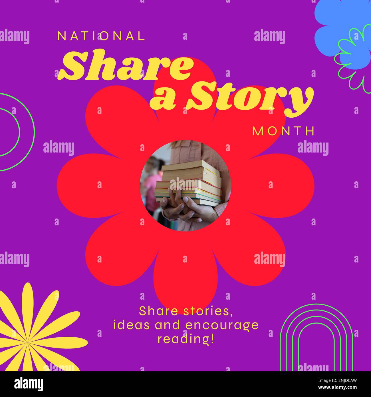 Composition of national share a story month text over man with books