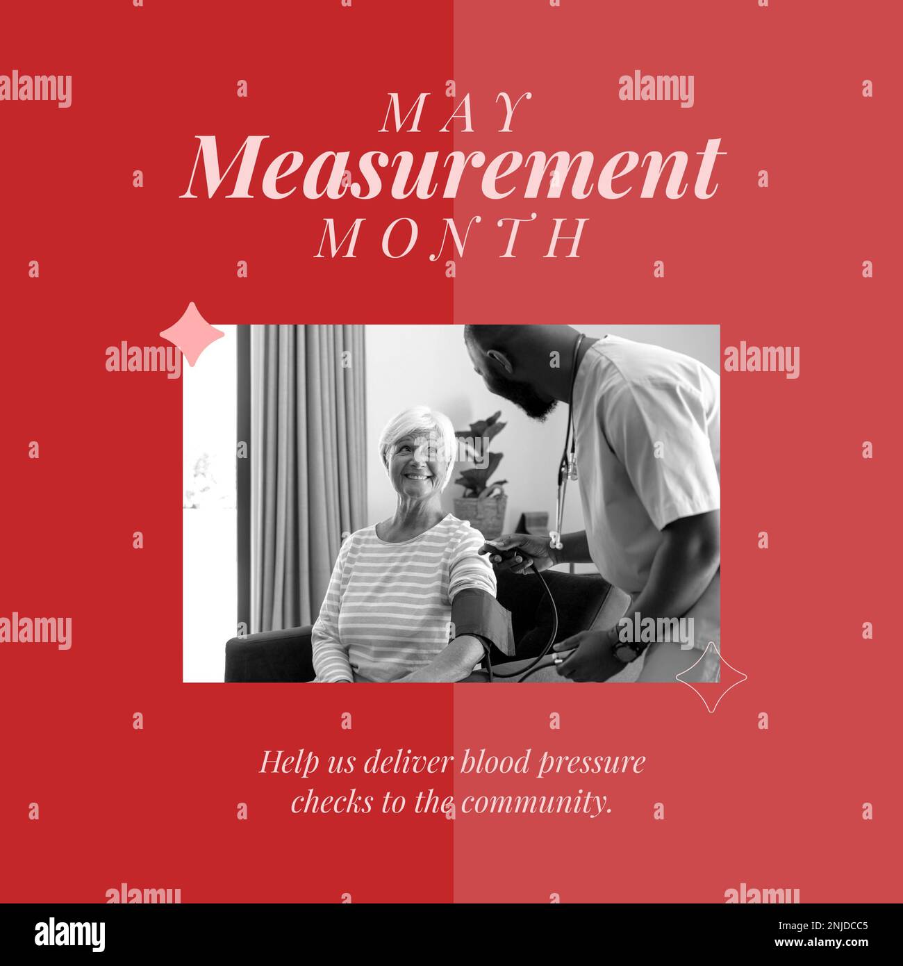 Composition of may measurement month text, male doctor and female patient measuring blood pressure Stock Photo