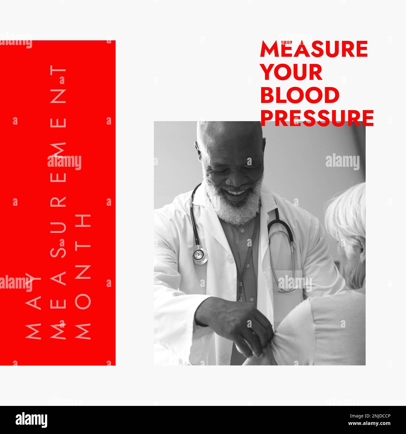 Composition of may measurement month text over african american male doctor measuring blood pressure Stock Photo