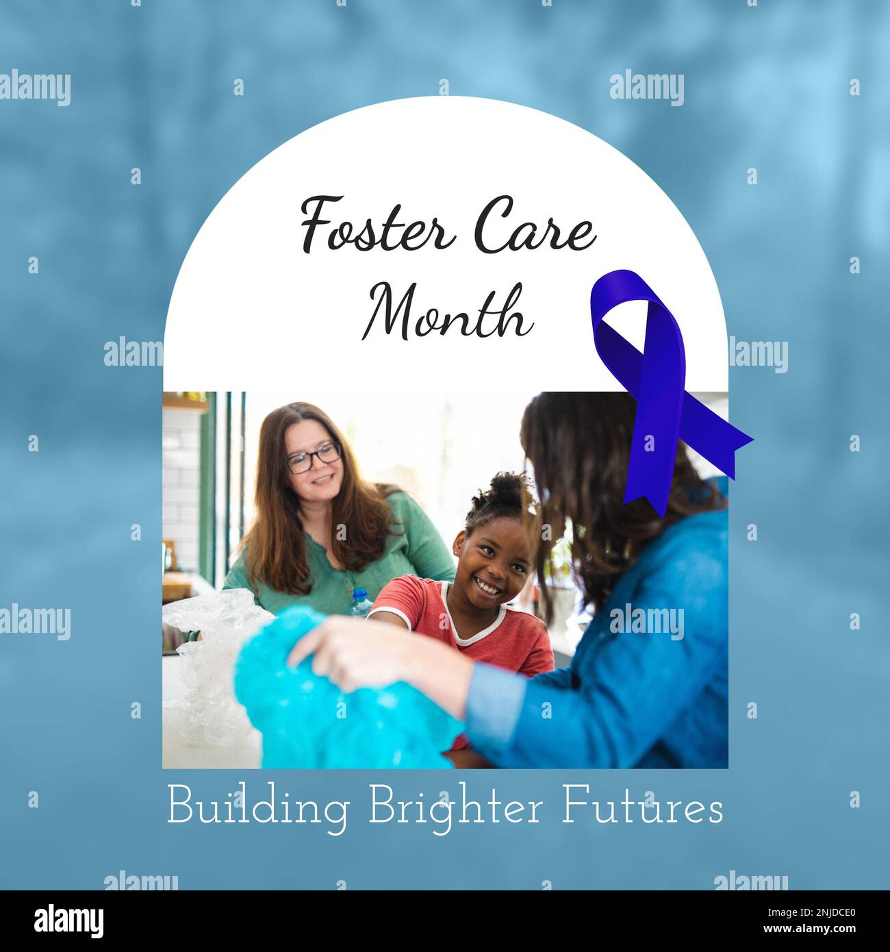 Foster care month and building brighter future text over multiracial women playing with smiling girl Stock Photo