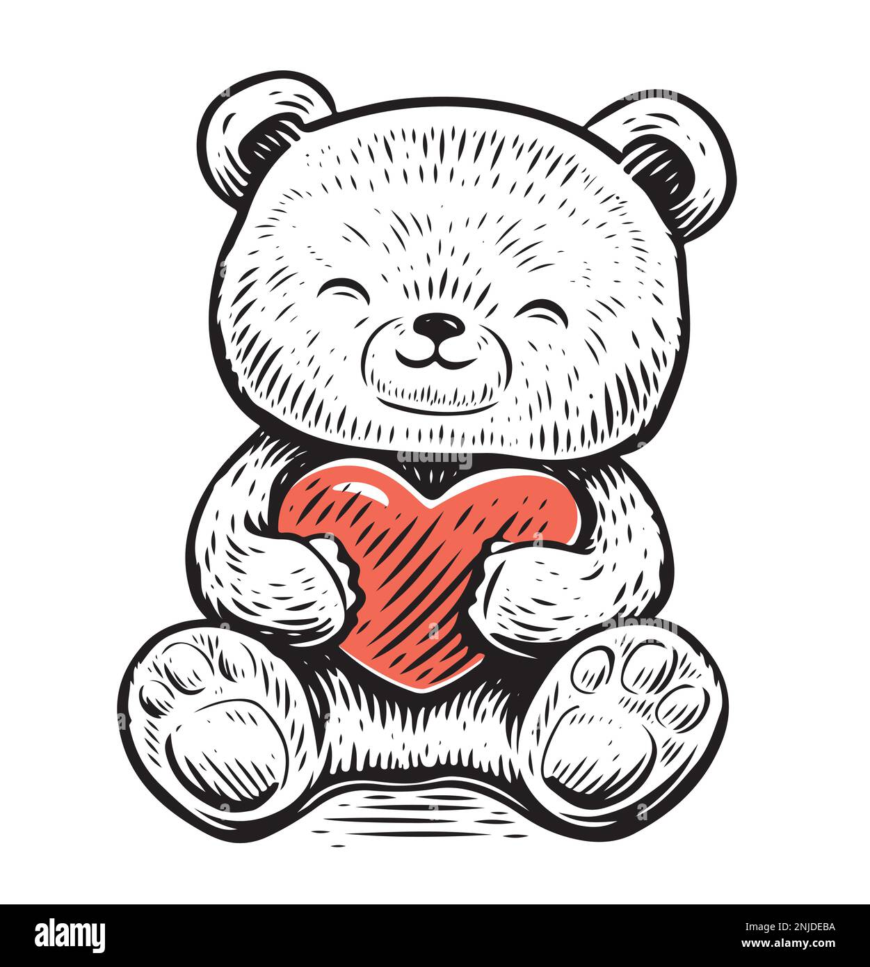 Teddy bear with heart. Cute funny toy in sketch style. Vector