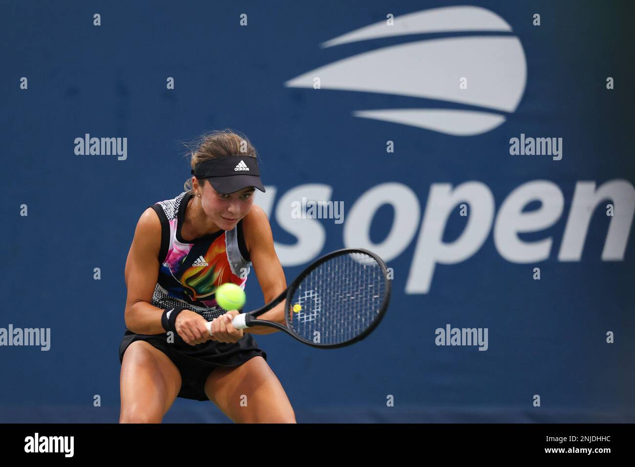 Iva Jovic in action during a junior girls' singles match at the 2022 US