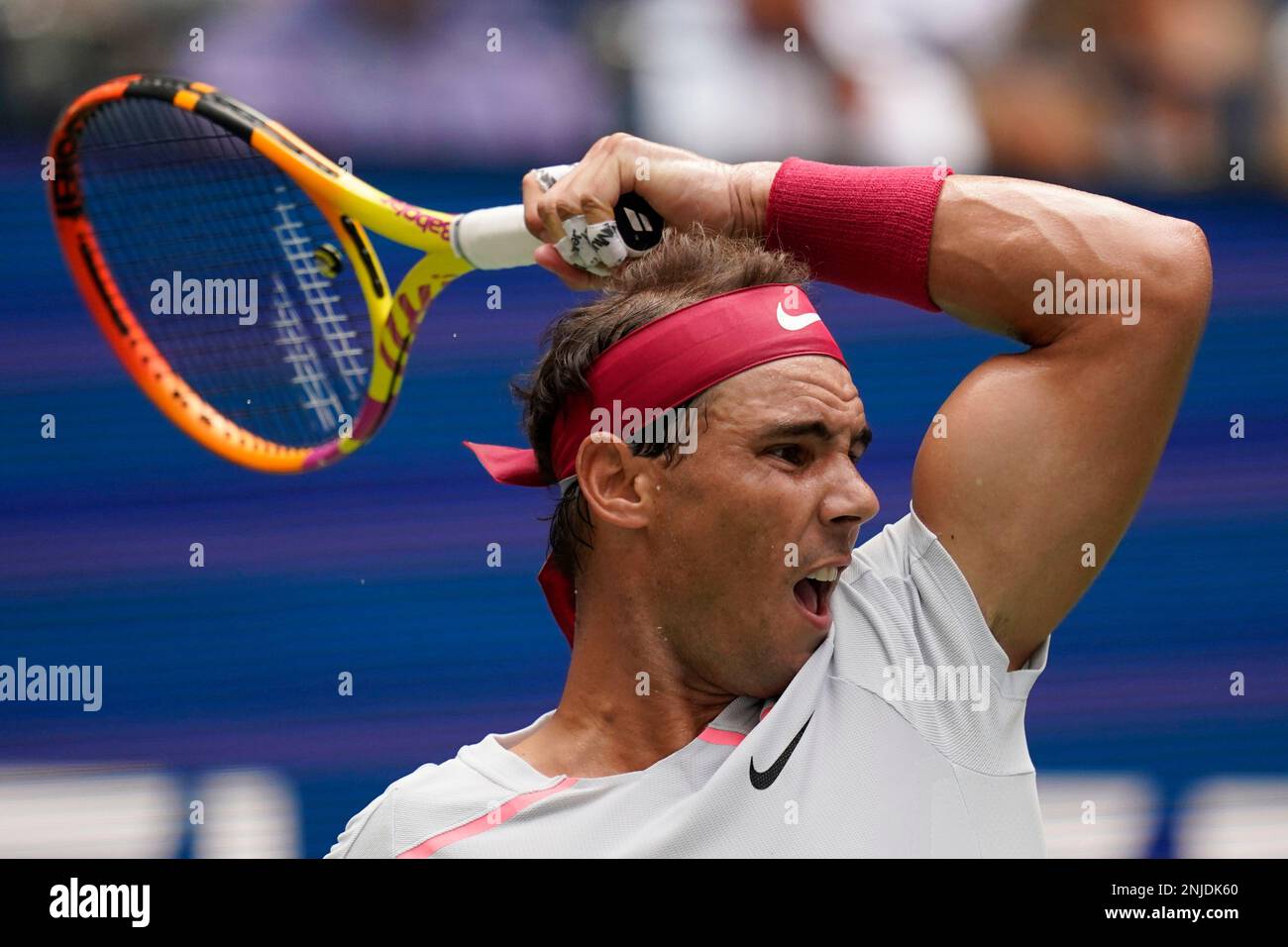 Rafael Nadal, of Spain, returns to Frances Tiafoe, of the United States, during the fourth round of the U.S. Open tennis championships, Monday, Sept