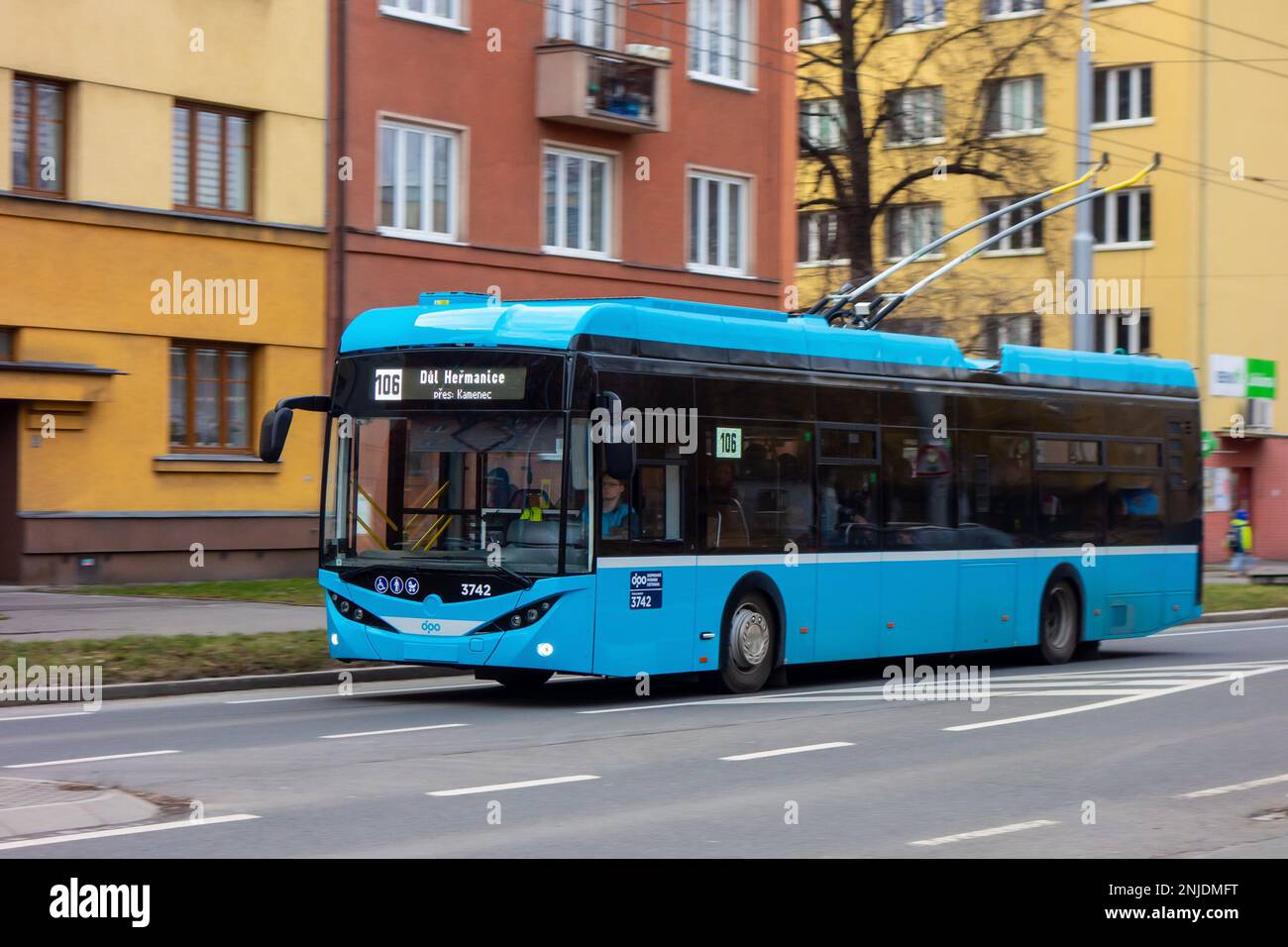 OSTRAVA, CZECH REPUBLIC - FEBRUARY 22, 2023: Brand new Skoda 36Tr trolleybus of DPO public transportation company in Ostrava with motion blur effect Stock Photo