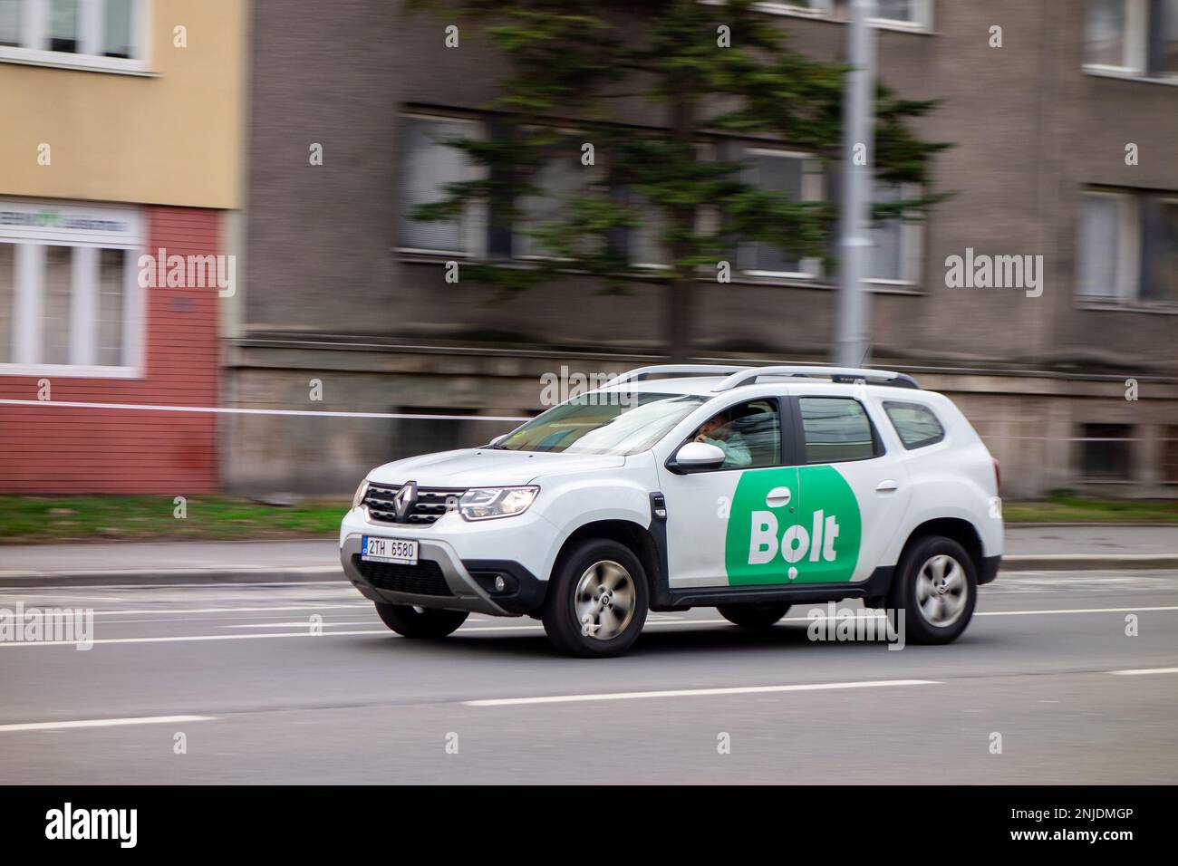 OSTRAVA, CZECH REPUBLIC - FEBRUARY 22, 2023: Renault Dacia Duster of Bolt delivery company with motion blur effect Stock Photo
