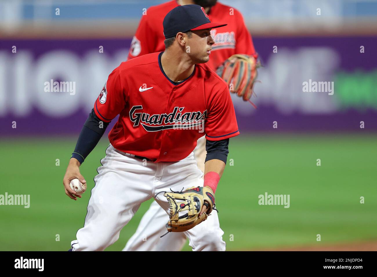 Cleveland Indians shortstop Tyler Freeman gets set to field a