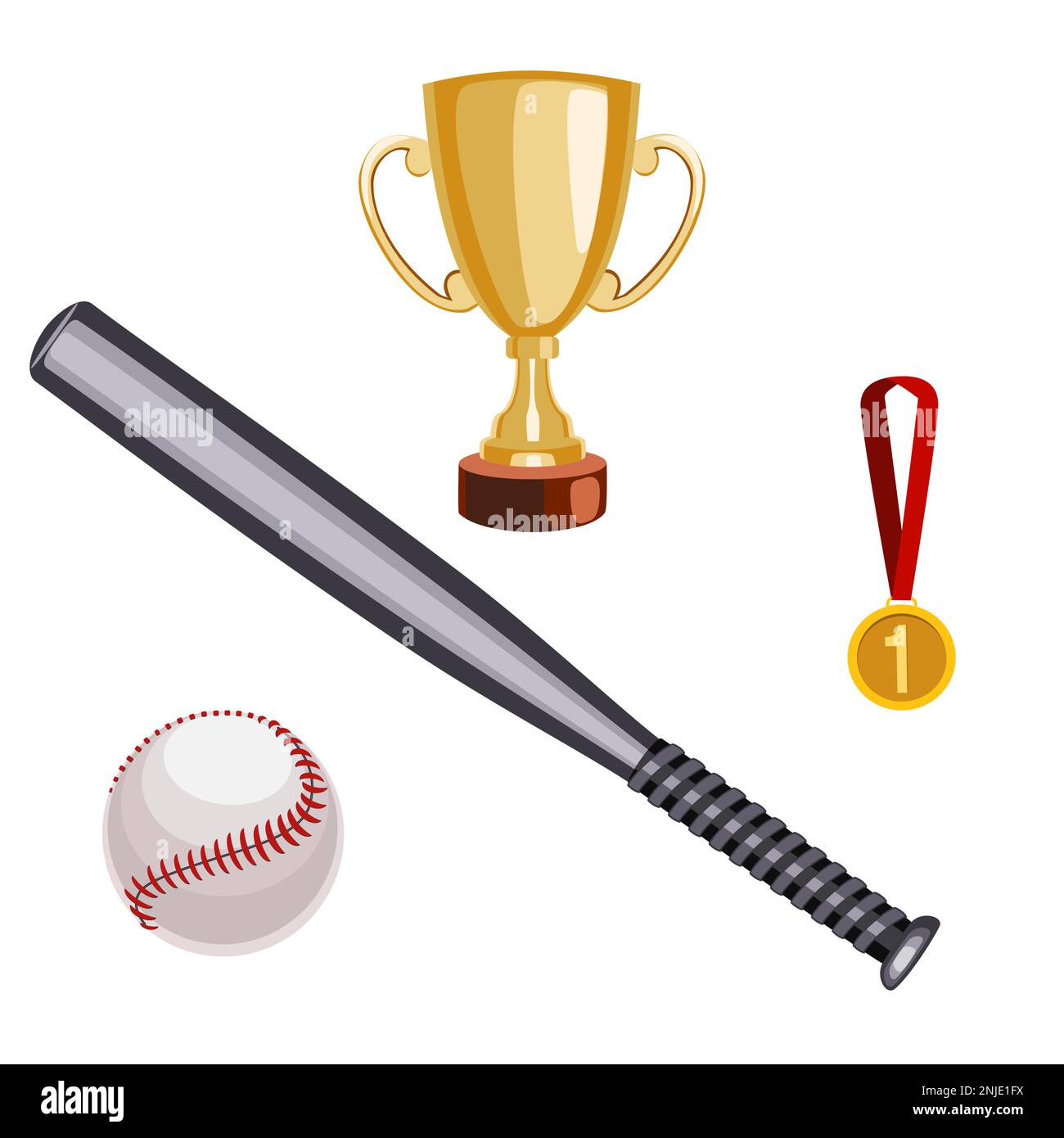 Baseball winner set with bat, ball, gold medal, and Cup vector illustration Stock Vector