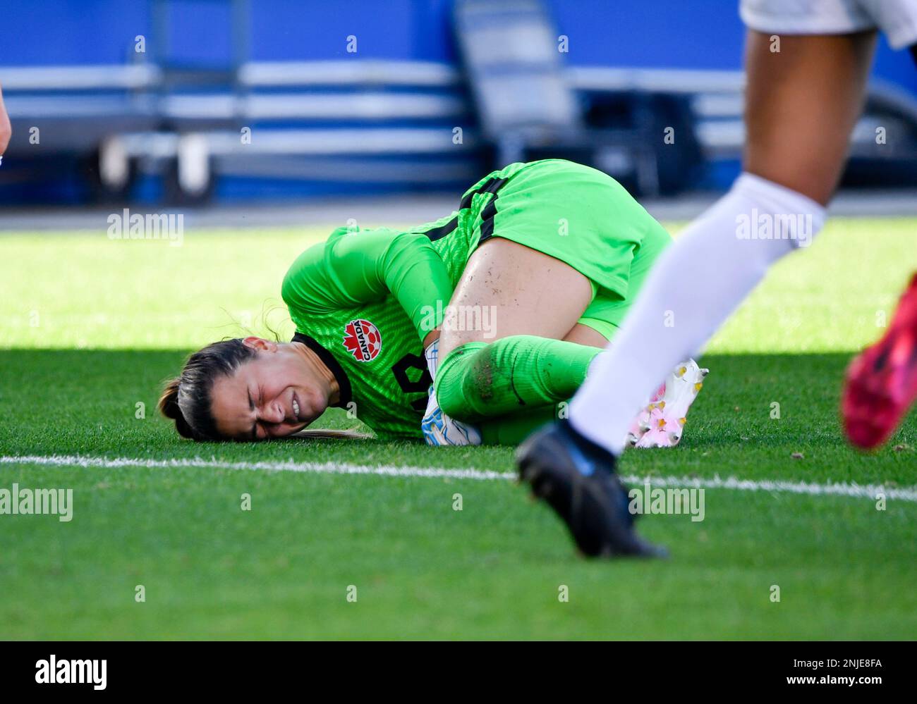 Feb 22, 2023: Canada National Team goalkeeper Sabrina D'Angelo (18) is injured in the first half during the SheBelieves Cup soccer game between the U.S. Women's National Team and Brazil Women's National Team at Toyota Stadium in Frisco, Texas, Albert Pena/CSM Stock Photo