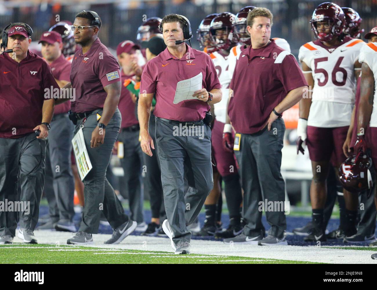 NORFOLK, VA - SEPTEMBER 02: Virginia Tech Hokies Head Coach Brent Pry  (center) looks on from the sidelines during a college football game between  the Virginia Tech Hokies and the Old Dominion