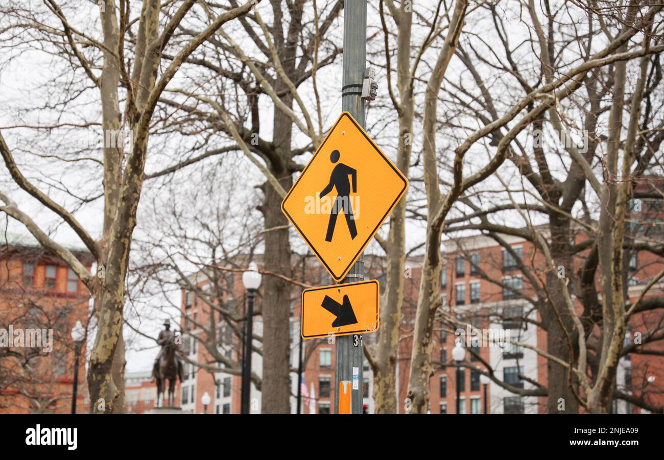 Pedestrian and children school zone yellow warning sign caution road sign Stock Photo