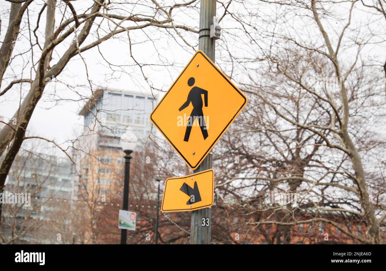 Pedestrian and children school zone yellow warning sign caution road sign Stock Photo