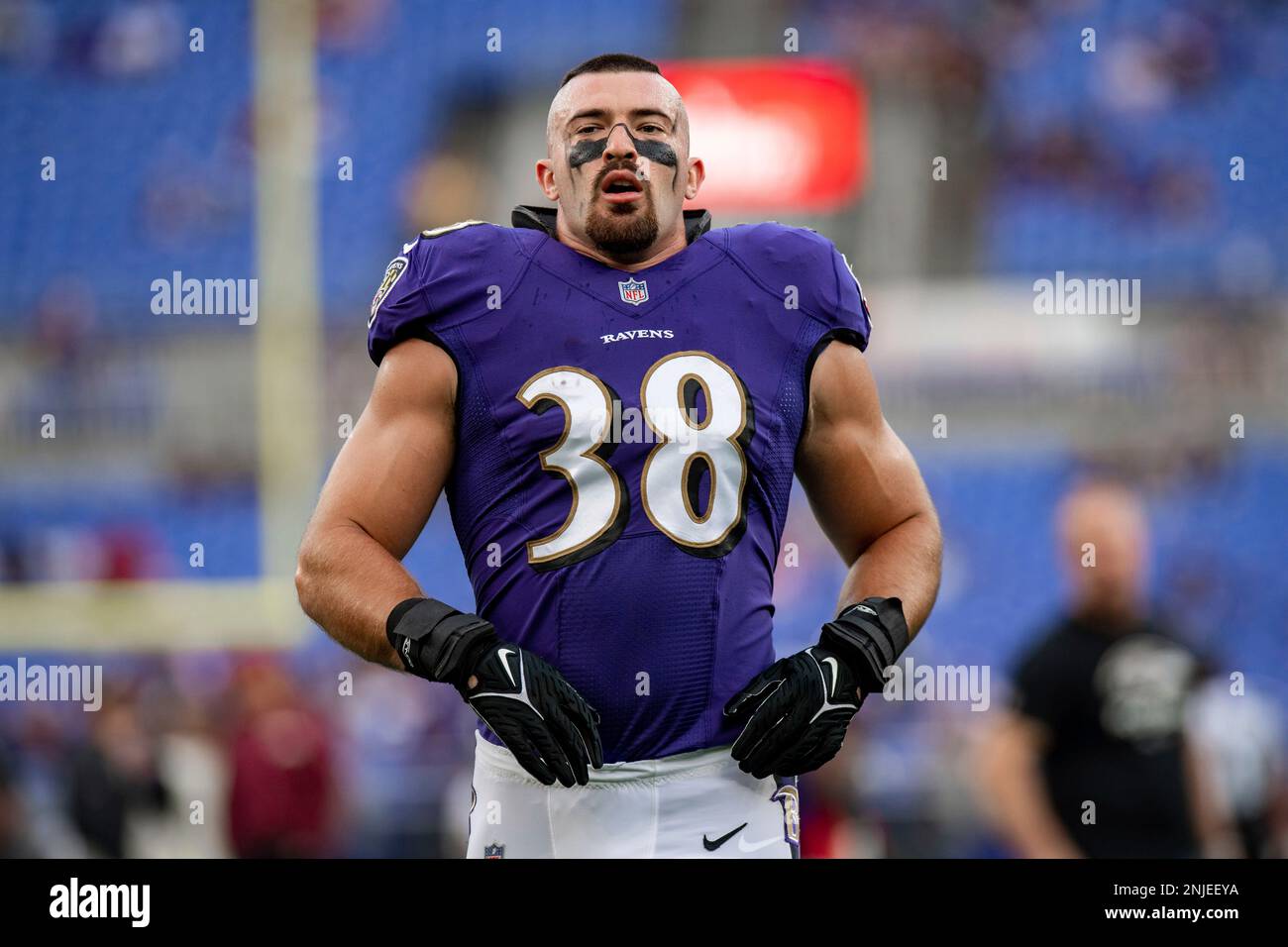 Fullback (38) Ben Mason of the Baltimore Ravens on the sideline against the  Arizona Cardinals in an NFL preseason football game, Sunday, Aug. 21, 2022,  in Glendale, Ariz.(AP Photo/Jeff Lewis Stock Photo 