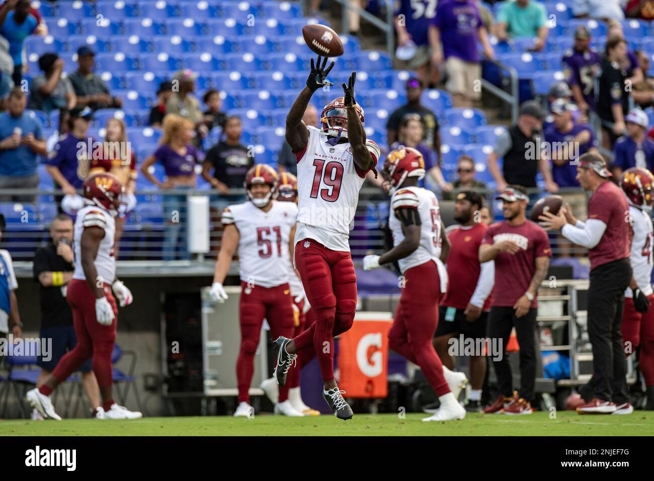 BALTIMORE, MD - AUGUST 27: Baltimore Ravens wide receiver Makai Polk (18)  prior to the NFL preseason football game between the Washington Commanders  and Baltimore Ravens on August 27, 2022 at M&T