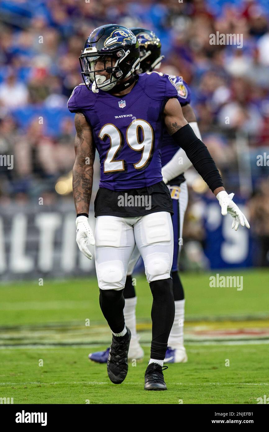 Baltimore Ravens safety Ar'Darius Washington (29) walks off the field after  an NFL football game against the New York Giants Sunday, Oct. 16, 2022, in  East Rutherford, N.J. (AP Photo/Adam Hunger Stock