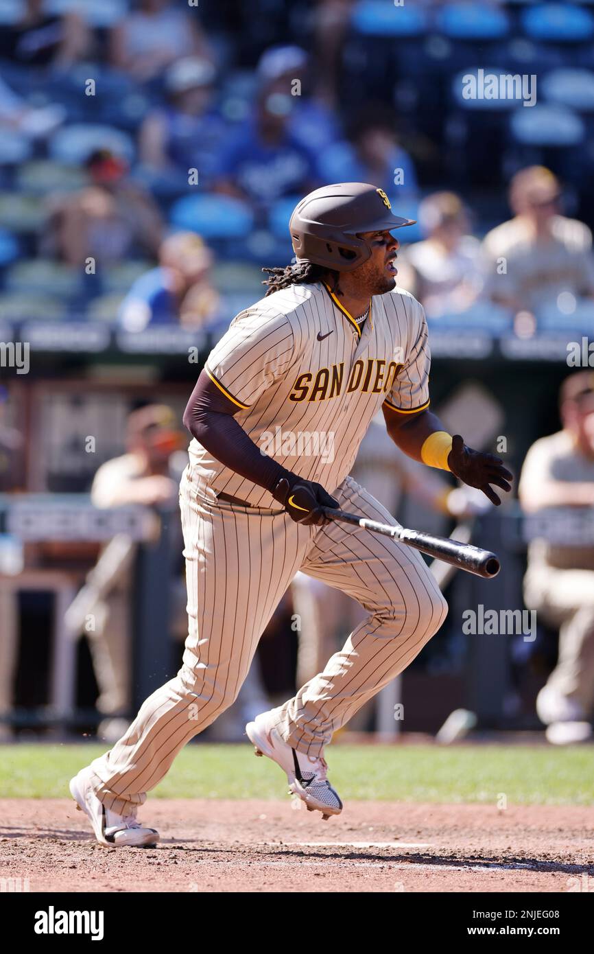 KANSAS CITY, MO - AUGUST 28: San Diego Padres first baseman Josh Bell (24)  looks on during an MLB game against the Kansas City Royals on August 28,  2022 at Kauffman Stadium