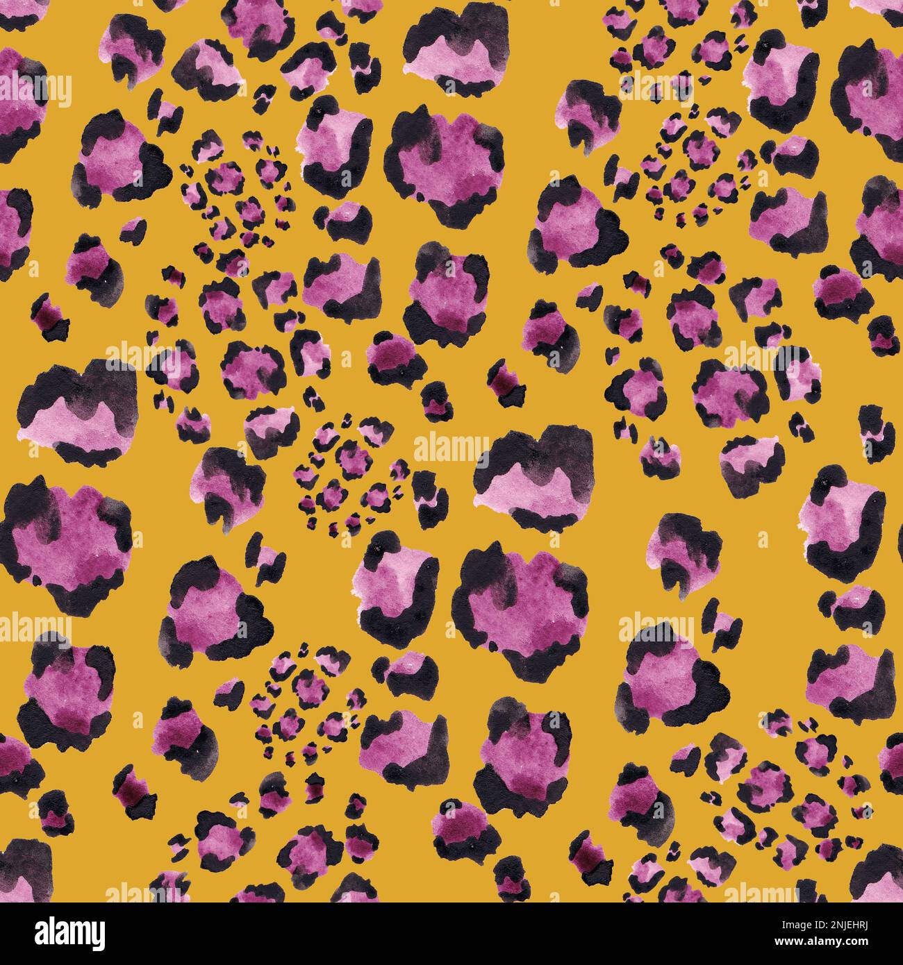 Watercolor abstract pattern with spots in the leopard style of purple color on a yellow background for design Stock Photo