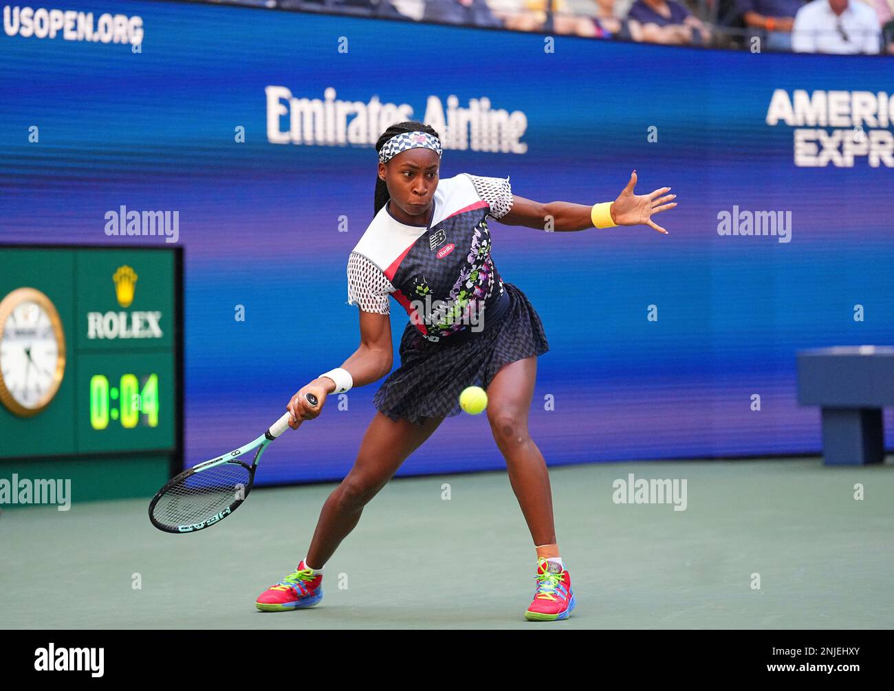 Coco Gauff hits a forehand during a women's singles match at the 2022