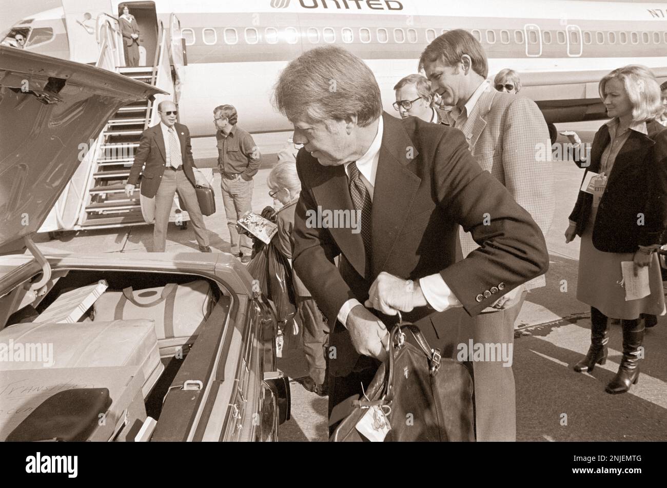 President elect Jimmy Carter, wife Rosalynn, daughter Amy and son Chip with wife Caron, board a charter flight to Washington, DC where Carter will be inaugurated  as the 39th President of the United States. Stock Photo